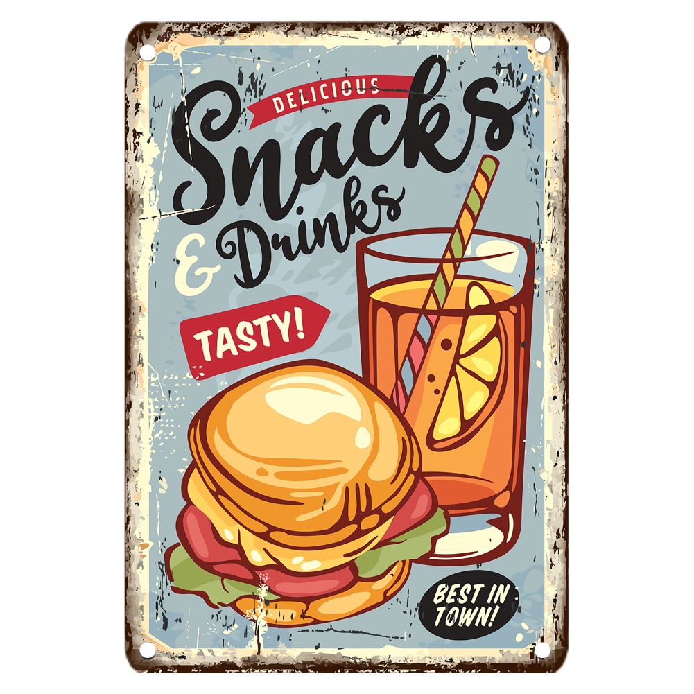 Food Snacks Drinks - Vintage Gıda Metal Tabelası, 12x8 İnç